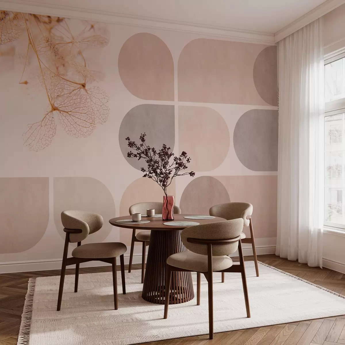 murais de parede geometria e flores secas com veios em tons de bege w03617