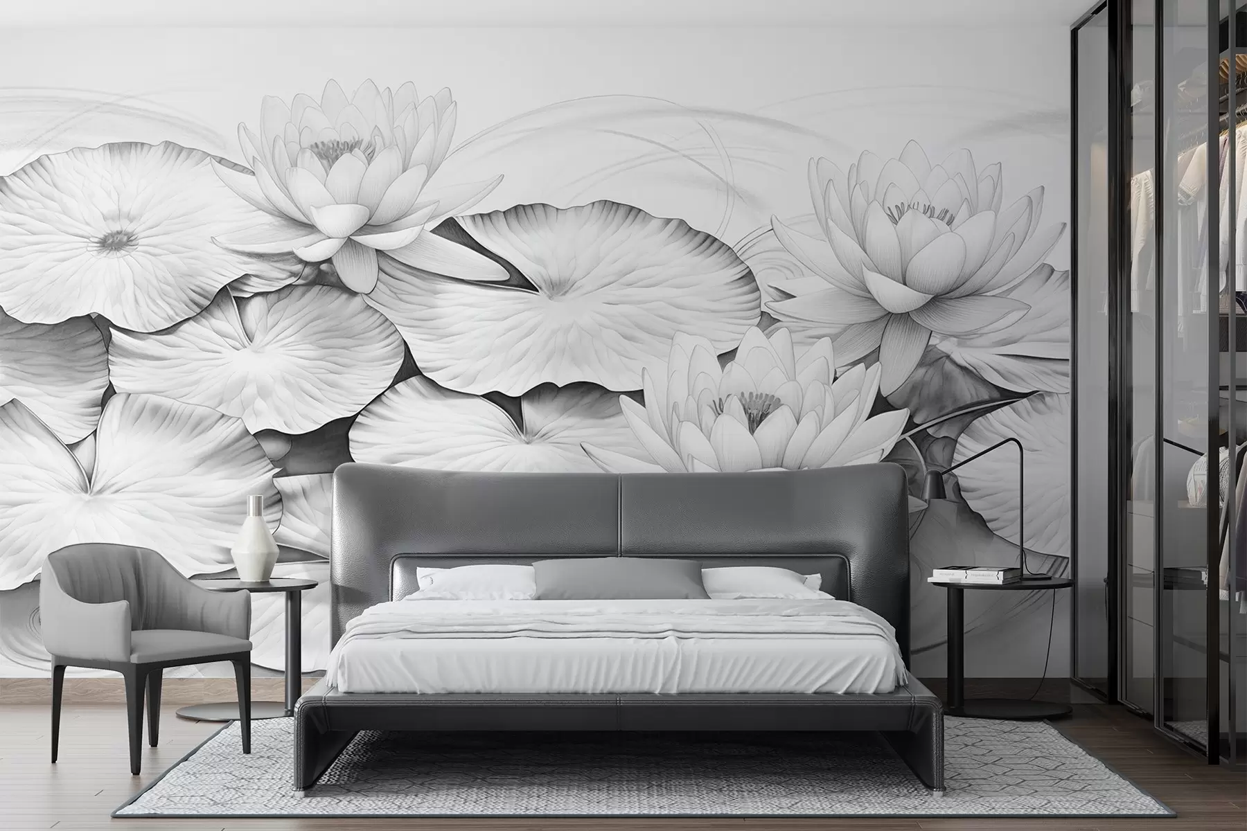 murais de parede Nenúfares e nenúfares num lago, imitação a preto e branco de um desenho a lápis, ilustração botânica pormenorizada, arte da natureza w09006