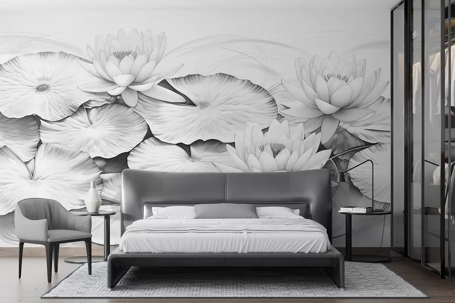 murais de parede Nenúfares e nenúfares num lago, imitação a preto e branco de um desenho a lápis, ilustração botânica pormenorizada, arte da natureza w09006