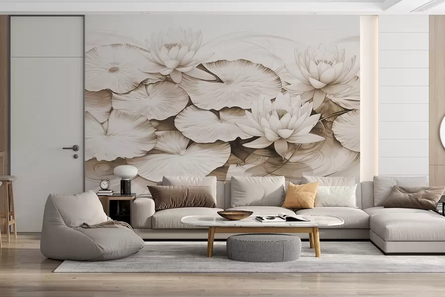 murais de parede Nenúfares e nenúfares num lago, imitação a castanho e branco de um desenho a lápis, ilustração botânica pormenorizada, arte da natureza w09006v2