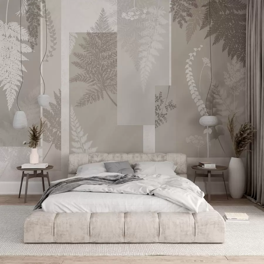 murais de parede Folhas de feto em bege e branco, dispostas em riscas verticais, criando um estampado botânico e minimalista, cores suaves e discretas w09007
