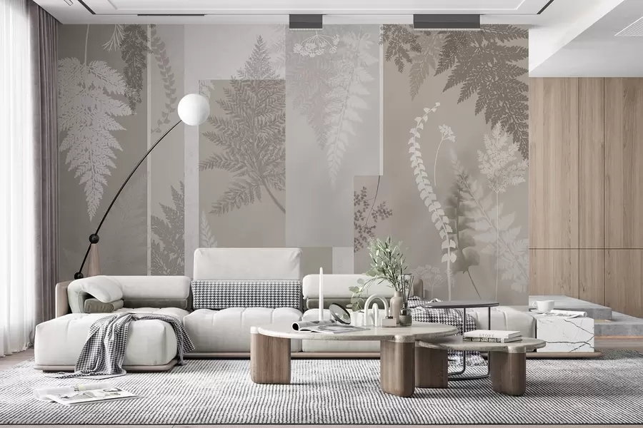 murais de parede Folhas de feto em bege e branco, dispostas em riscas verticais, criando um estampado botânico e minimalista, cores suaves e discretas w09007