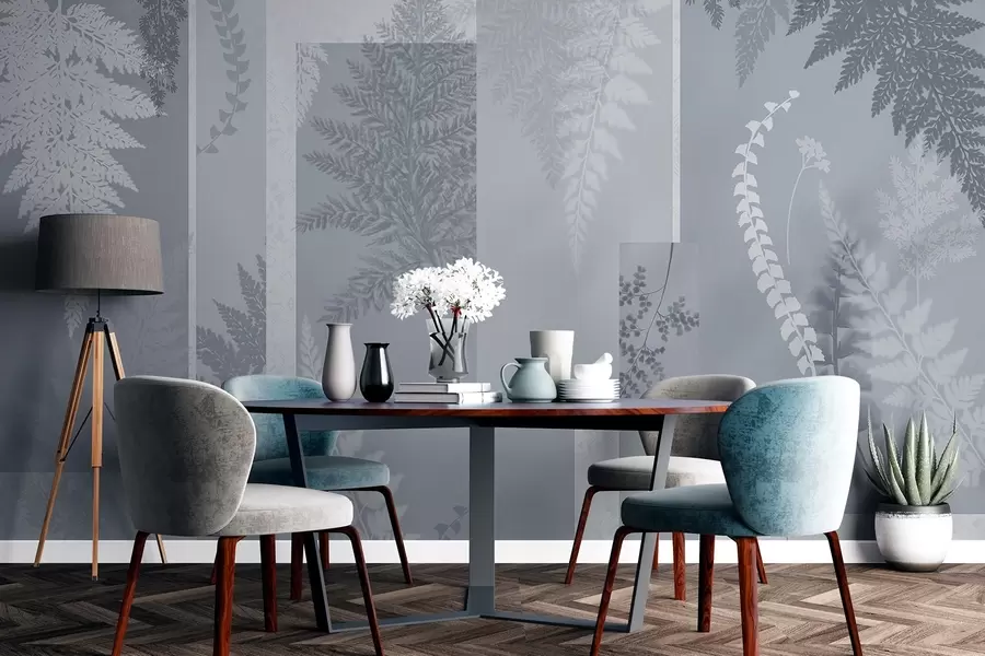 murais de parede Folhas de feto em azul e branco, dispostas em riscas verticais, criando um estampado botânico e minimalista, cores suaves e discretas w09007v1