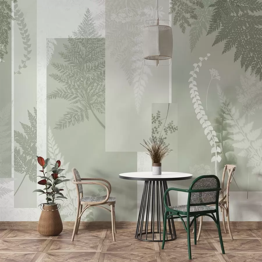 murais de parede Folhas de feto em verde e branco, dispostas em riscas verticais, criando um estampado botânico e minimalista, cores suaves e discretas w09007v2