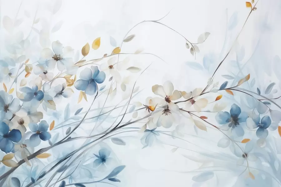 murais de parede Arranjo floral com folhas azuis e cor de laranja e flores brancas, pétalas delicadas, ramos finos, cores suaves, efeito aguarela w09009