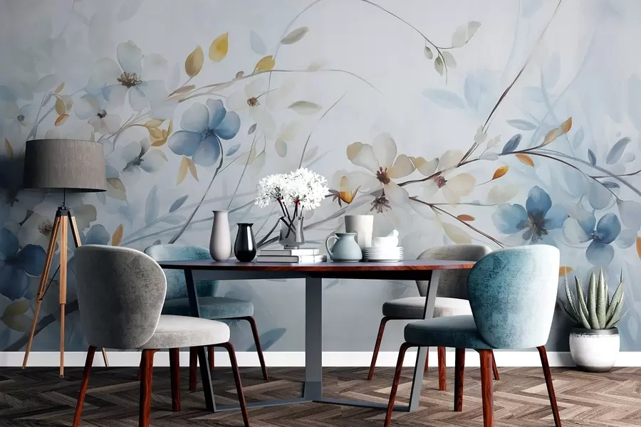 murais de parede Arranjo floral com folhas azuis e cor de laranja e flores brancas, pétalas delicadas, ramos finos, cores suaves, efeito aguarela w09009