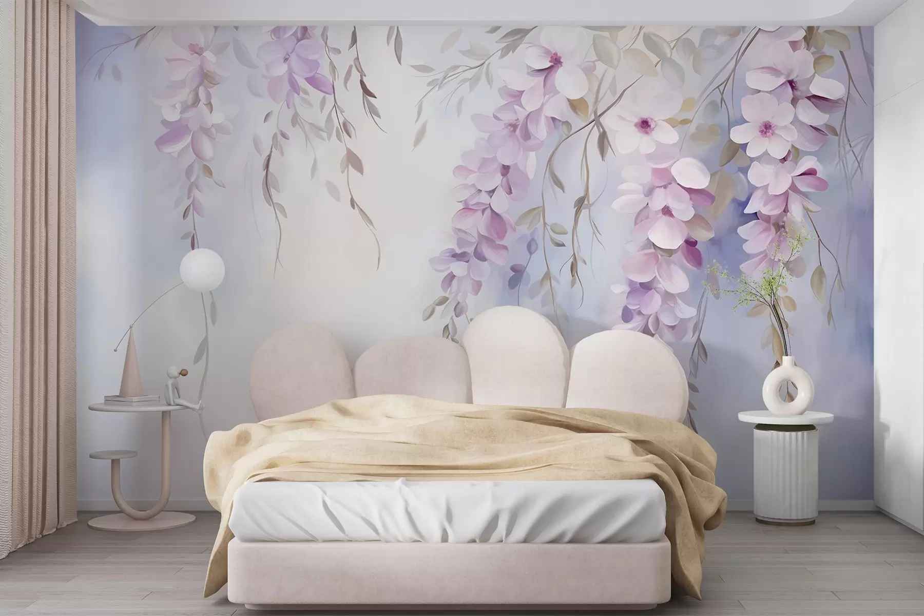 murais de parede Flores de glicínias com pétalas lilases e folhas verdes penduradas nos ramos, cores pastel suaves, fundo em tons pastel w09010