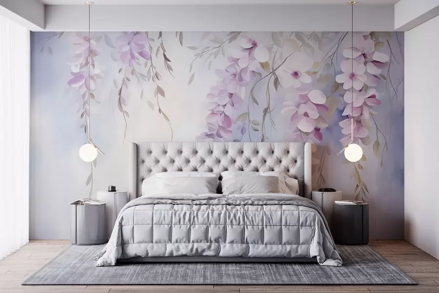 murais de parede Flores de glicínias com pétalas lilases e folhas verdes penduradas nos ramos, cores pastel suaves, fundo em tons pastel w09010