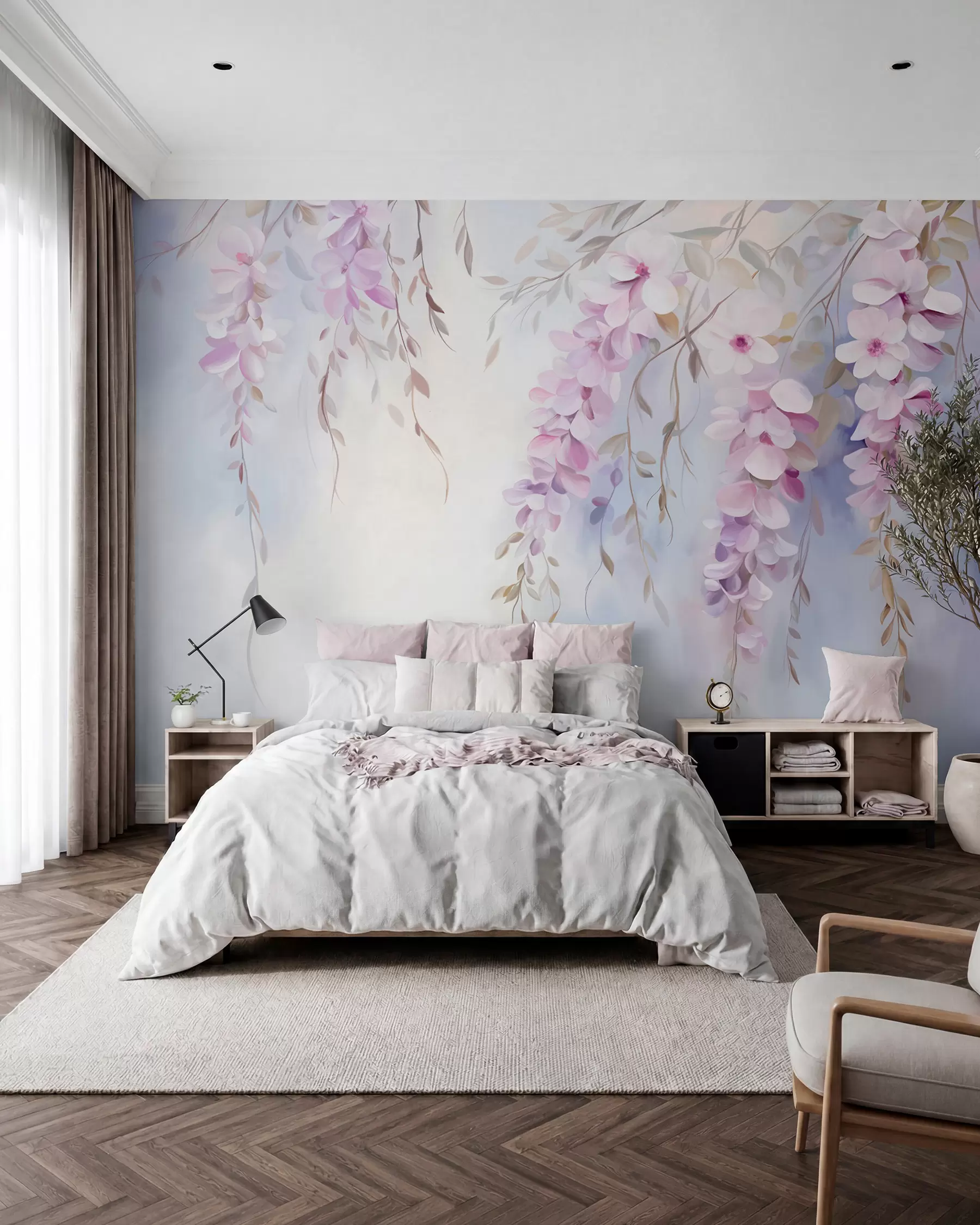 murais de parede Flores de glicínias com pétalas lilases e folhas verdes penduradas nos ramos, cores pastel suaves, fundo em tons pastel w09010