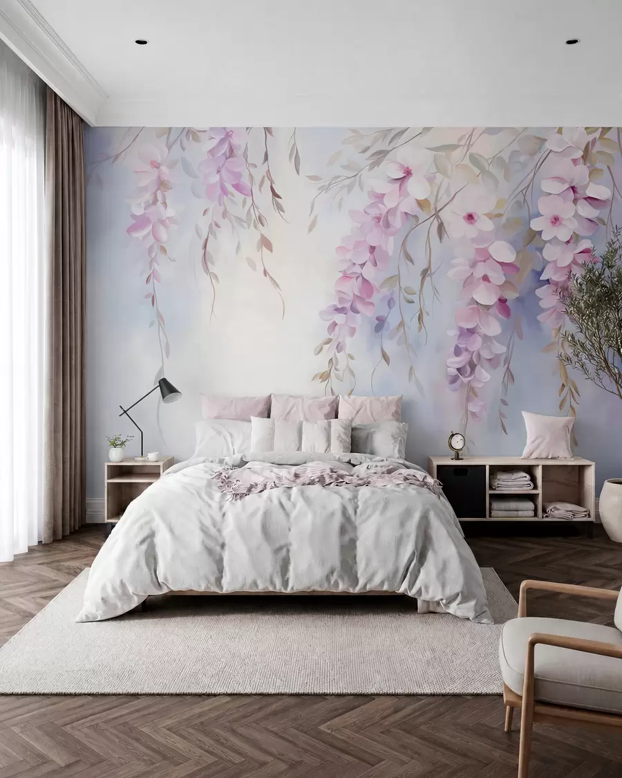 murais de parede Flores de glicínias com pétalas lilases e folhas verdes penduradas nos ramos, cores pastel suaves, fundo em tons pastel w09010