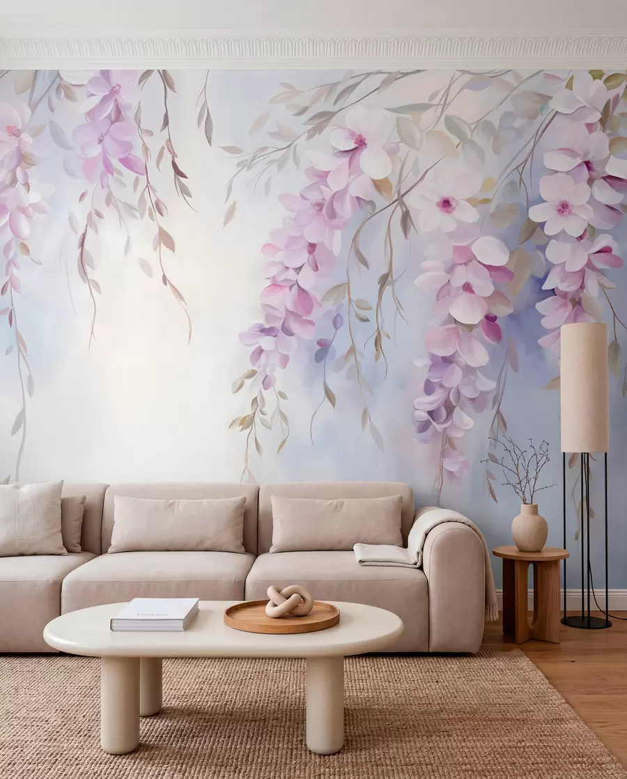 murais de parede Flores de glicínias com pétalas lilases e folhas verdes penduradas nos ramos, cores pastel suaves, fundo em tons pastel w09010