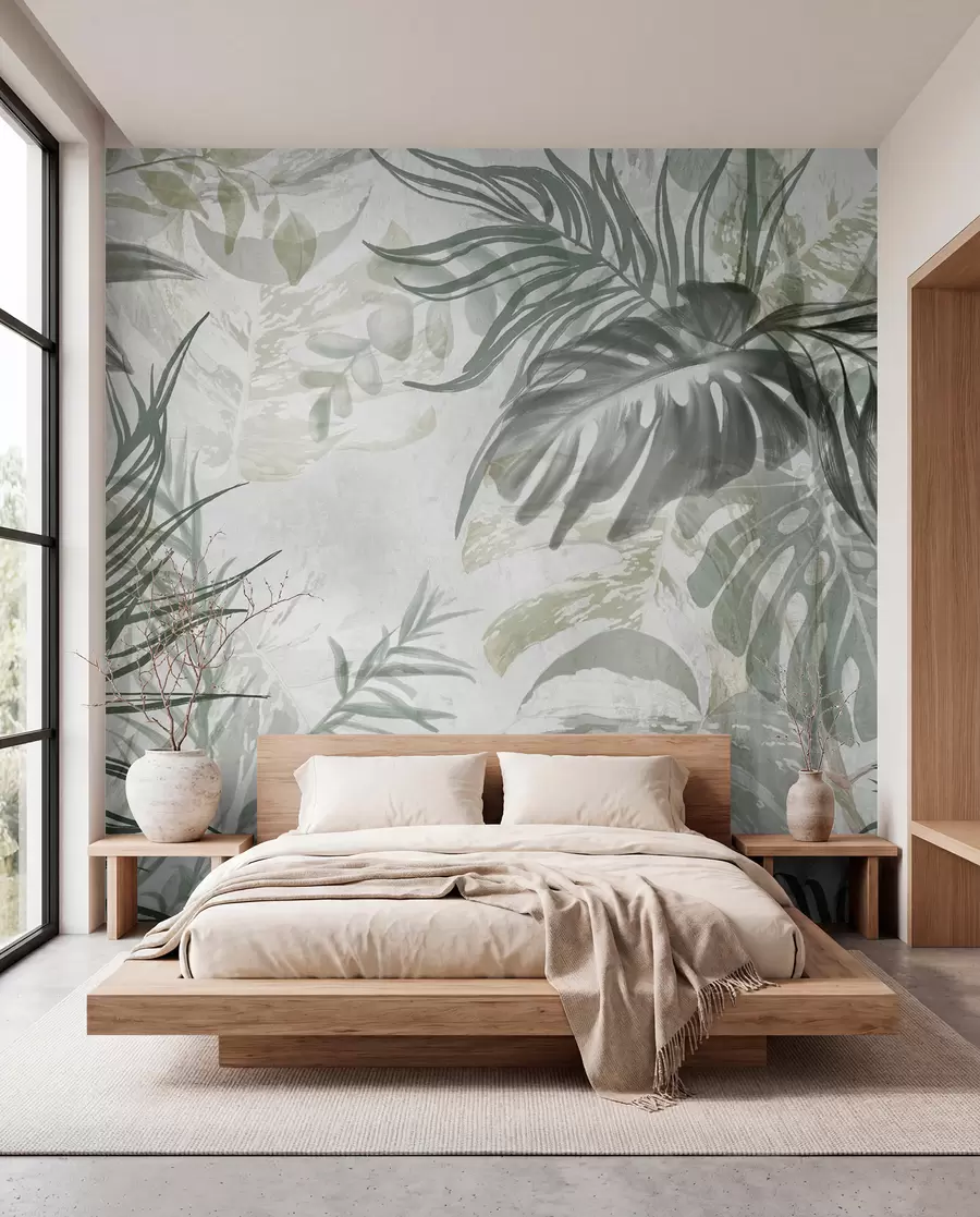 murais de parede Monstera e folhas de palmeira em tons de verde e cinzento, botânica, folhagem tropical, plantas da selva, fundo texturado w09011