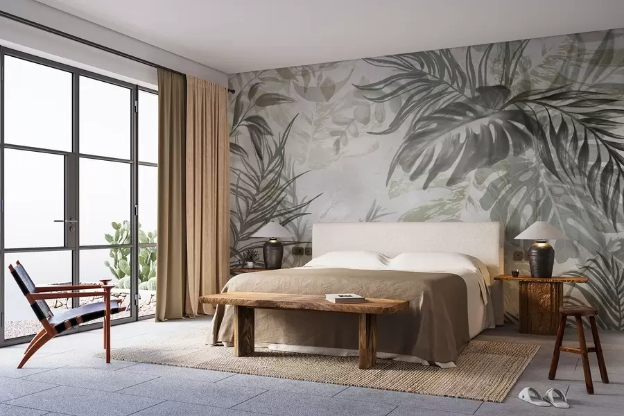 murais de parede Monstera e folhas de palmeira em tons de verde e cinzento, botânica, folhagem tropical, plantas da selva, fundo texturado w09011