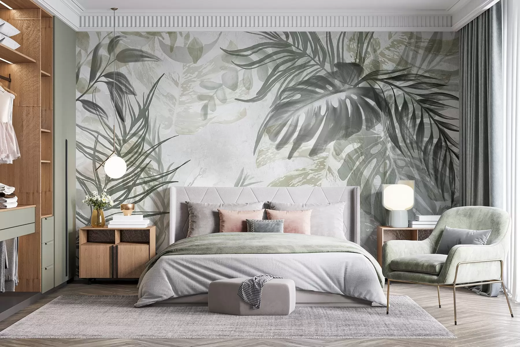 murais de parede Monstera e folhas de palmeira em tons de verde e cinzento, botânica, folhagem tropical, plantas da selva, fundo texturado w09011