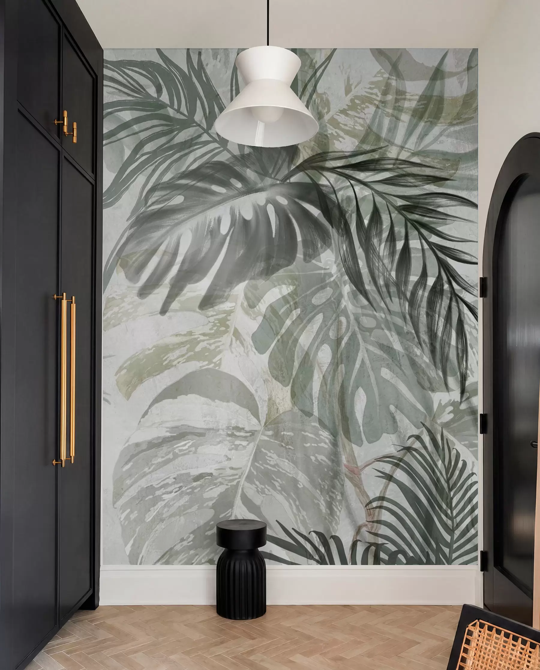 murais de parede Monstera e folhas de palmeira em tons de verde e cinzento, botânica, folhagem tropical, plantas da selva, fundo texturado w09011