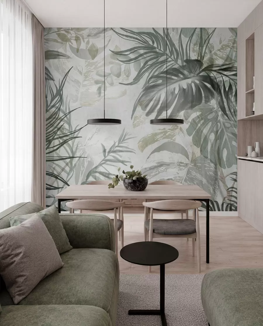 murais de parede Monstera e folhas de palmeira em tons de verde e cinzento, botânica, folhagem tropical, plantas da selva, fundo texturado w09011