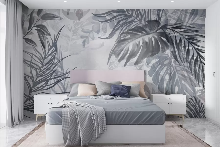 murais de parede Monstera e folhas de palmeira em tons de azul e cinzento, botânica, folhagem tropical, plantas da selva, fundo texturado w09011v1