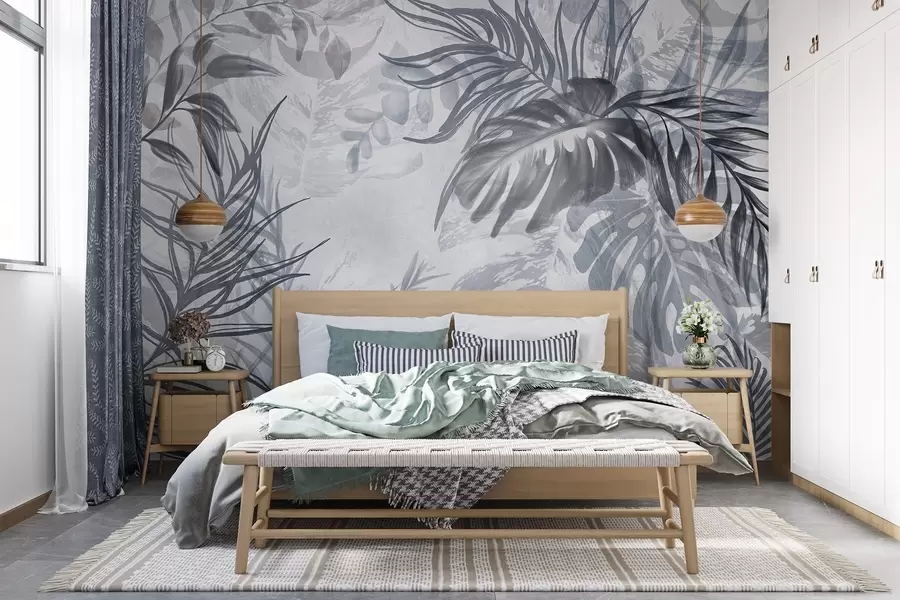 murais de parede Monstera e folhas de palmeira em tons de azul e cinzento, botânica, folhagem tropical, plantas da selva, fundo texturado w09011v1