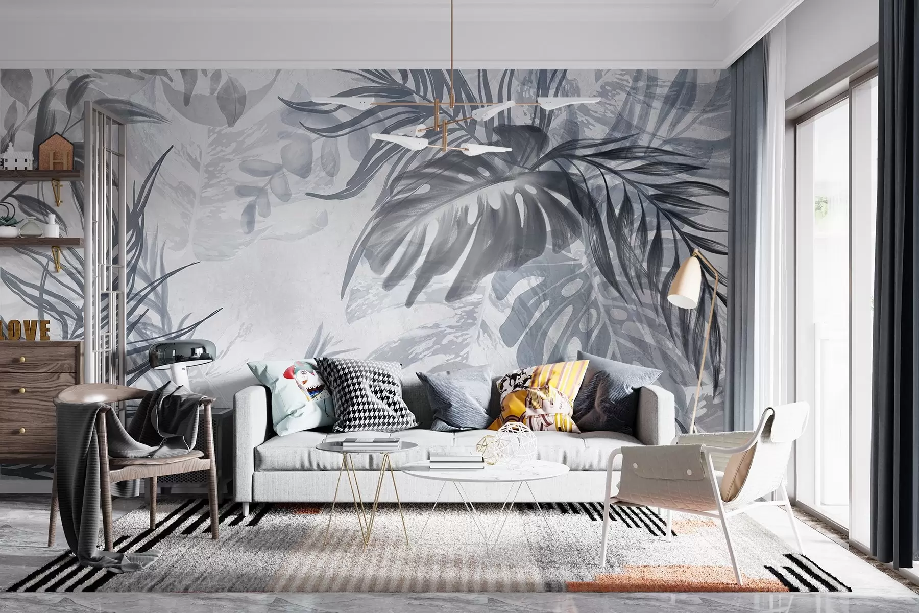 murais de parede Monstera e folhas de palmeira em tons de azul e cinzento, botânica, folhagem tropical, plantas da selva, fundo texturado w09011v1