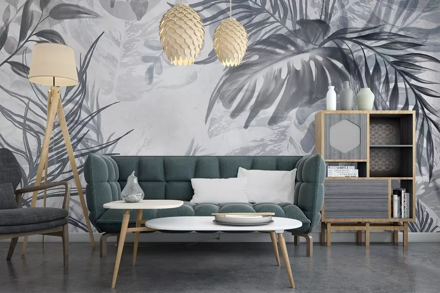 murais de parede Monstera e folhas de palmeira em tons de azul e cinzento, botânica, folhagem tropical, plantas da selva, fundo texturado w09011v1