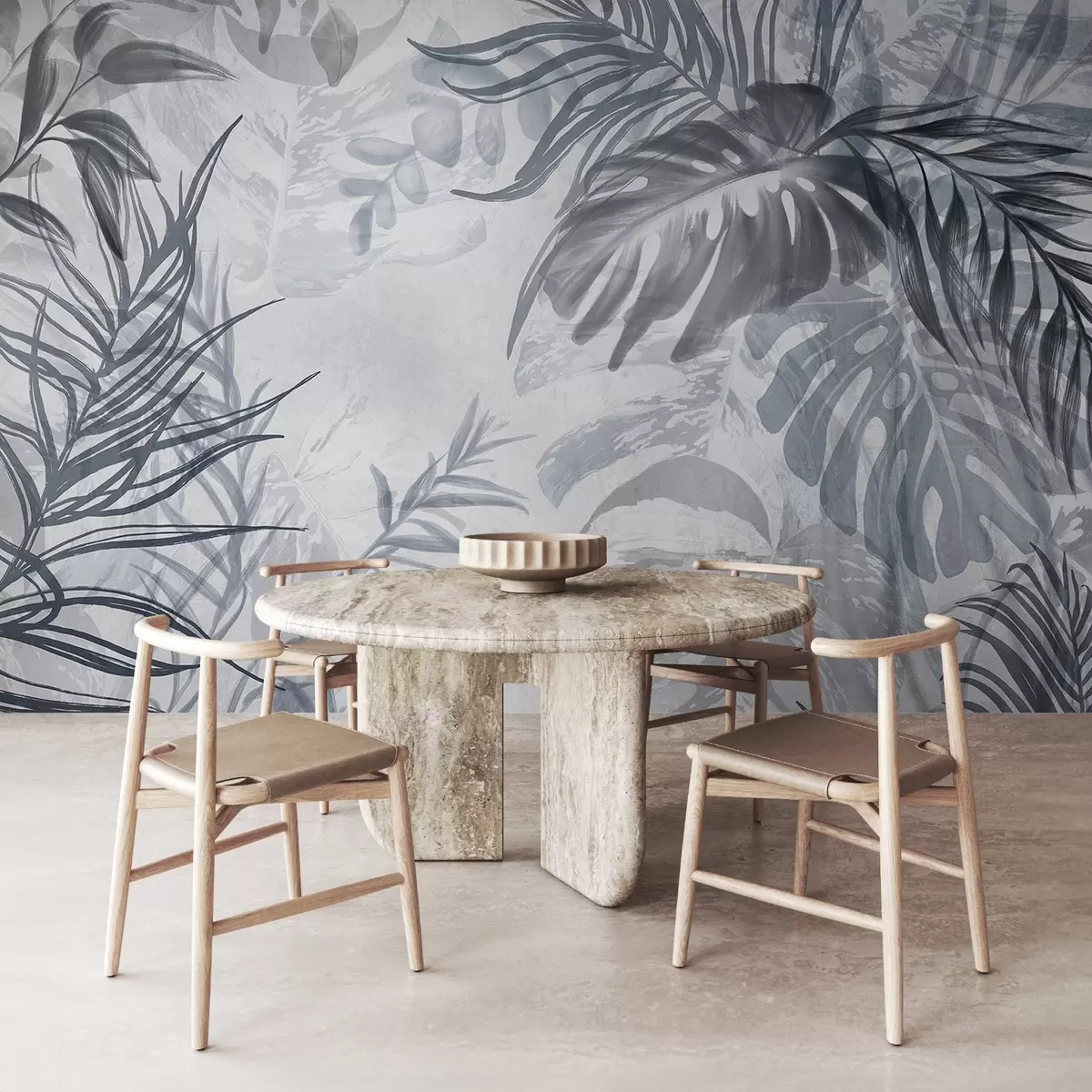 murais de parede Monstera e folhas de palmeira em tons de azul e cinzento, botânica, folhagem tropical, plantas da selva, fundo texturado w09011v1