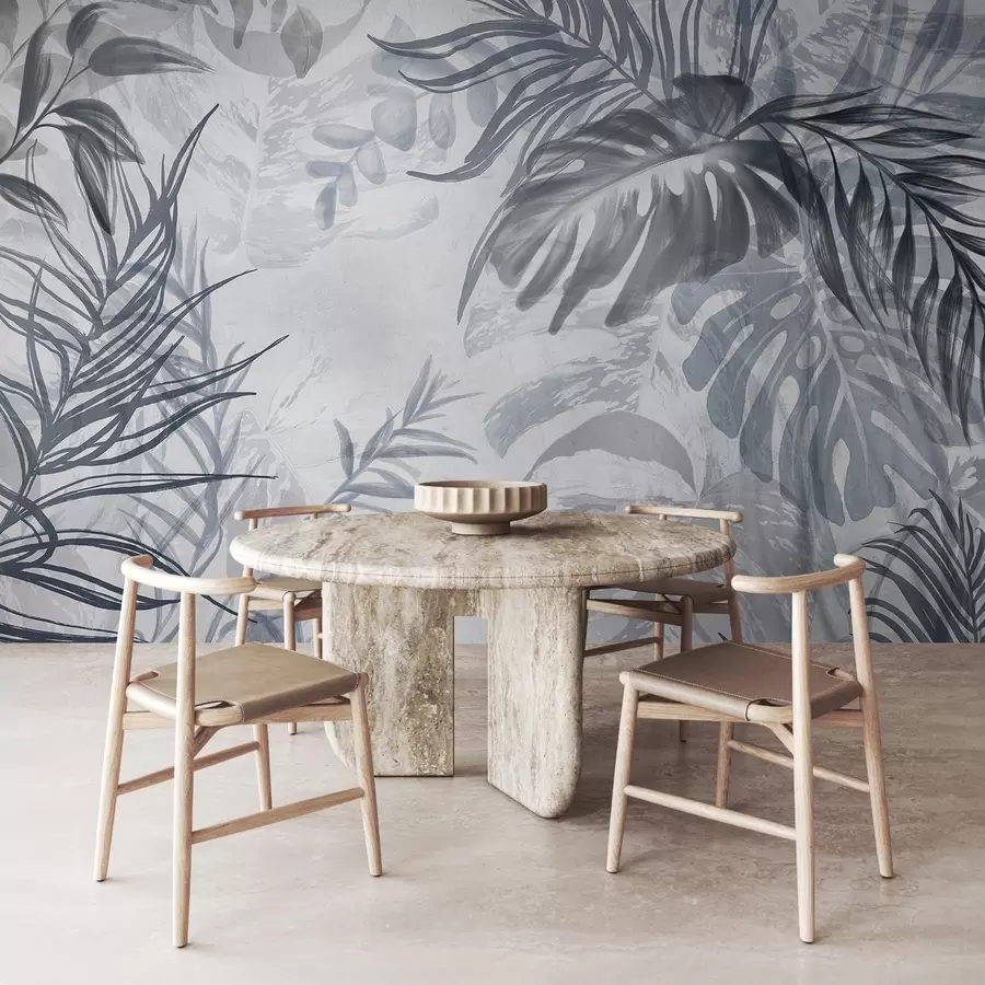 murais de parede Monstera e folhas de palmeira em tons de azul e cinzento, botânica, folhagem tropical, plantas da selva, fundo texturado w09011v1