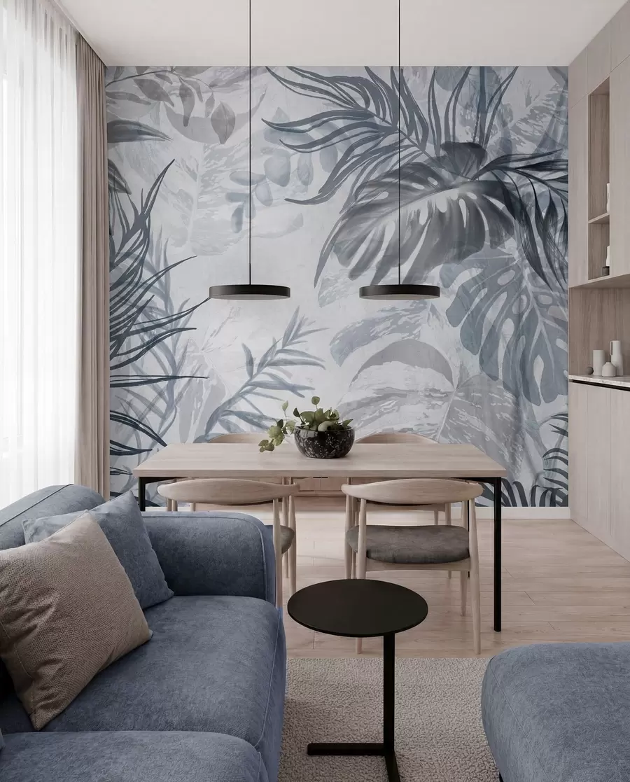 murais de parede Monstera e folhas de palmeira em tons de azul e cinzento, botânica, folhagem tropical, plantas da selva, fundo texturado w09011v1