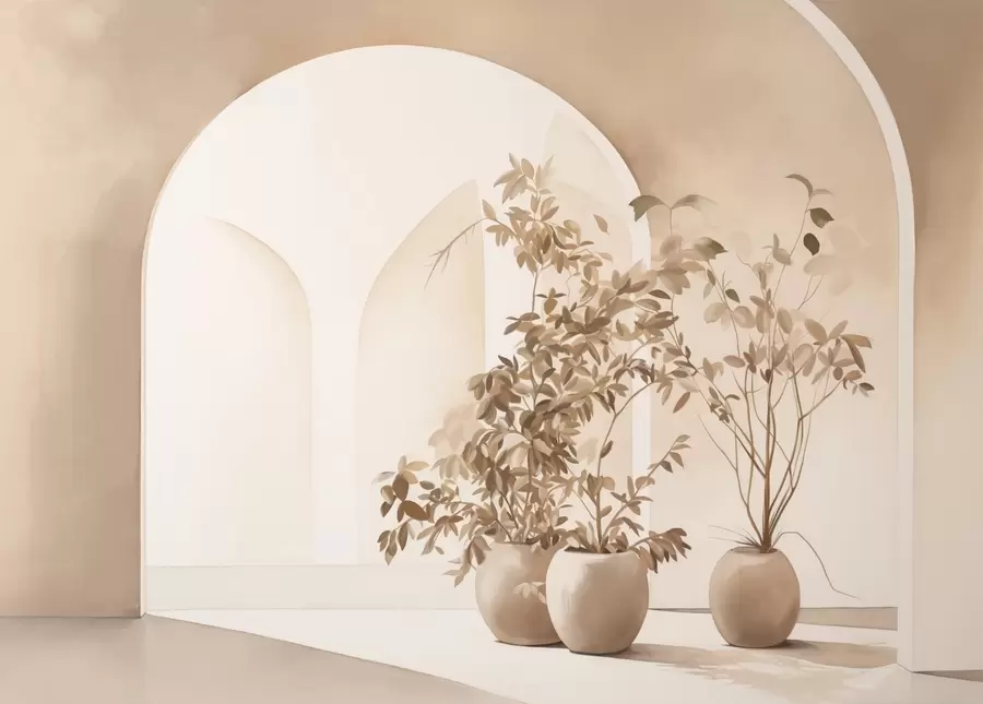 murais de parede Plantas em vasos com tons de bege em frente a arcos abstractos, estilo minimalista, elegante e limpo, fundo neutro w09013