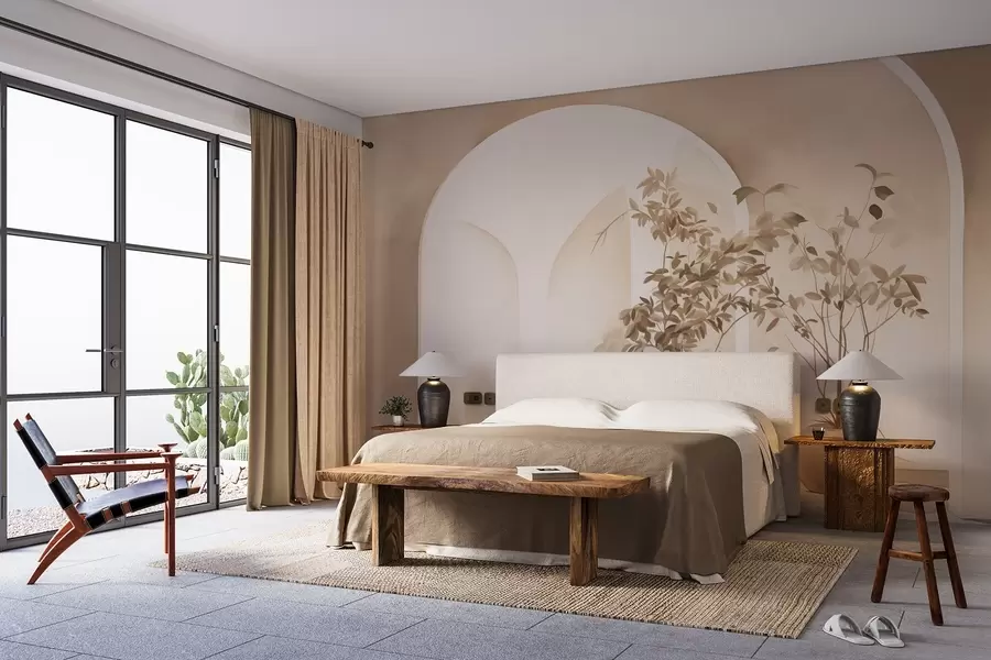 murais de parede Plantas em vasos com tons de bege em frente a arcos abstractos, estilo minimalista, elegante e limpo, fundo neutro w09013