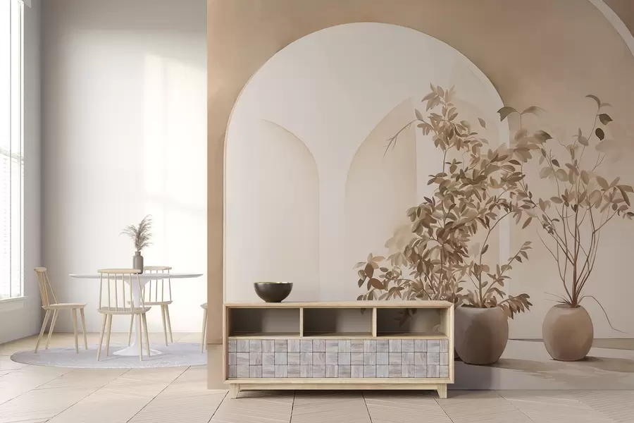 murais de parede Plantas em vasos com tons de bege em frente a arcos abstractos, estilo minimalista, elegante e limpo, fundo neutro w09013