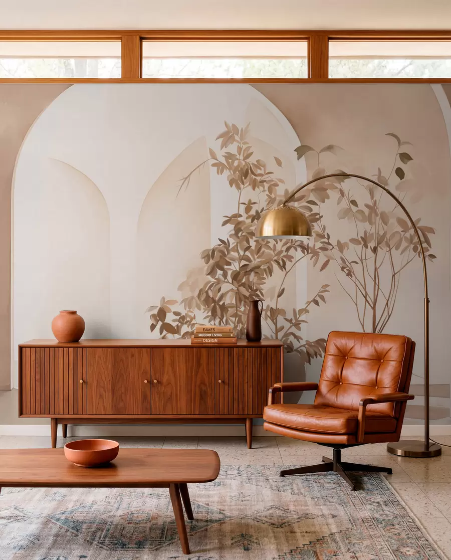 murais de parede Plantas em vasos com tons de bege em frente a arcos abstractos, estilo minimalista, elegante e limpo, fundo neutro w09013