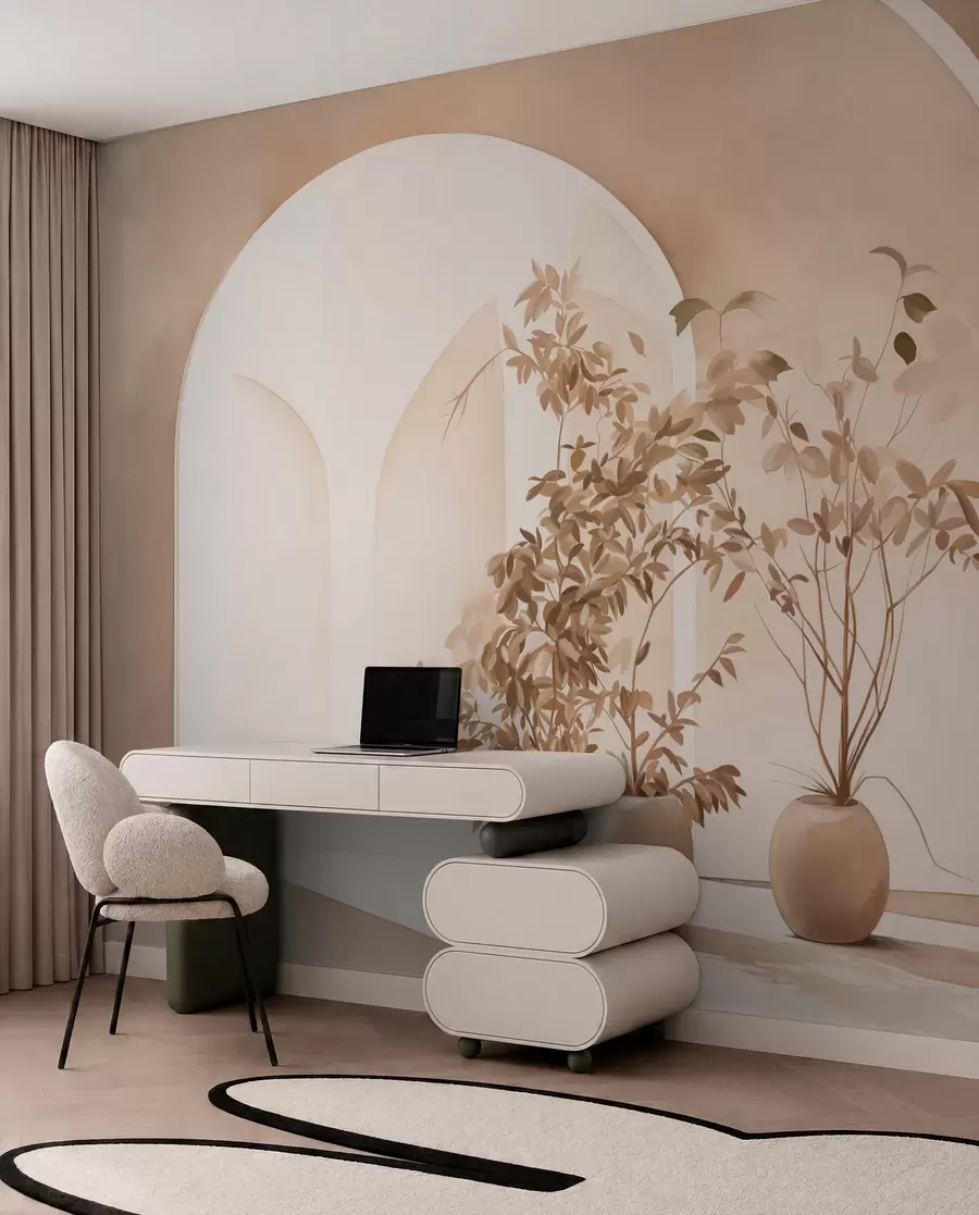murais de parede Plantas em vasos com tons de bege em frente a arcos abstractos, estilo minimalista, elegante e limpo, fundo neutro w09013