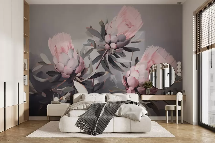 murais de parede Flores abstractas de protea cor-de-rosa com folhas cinzentas, pinceladas de textura suave, cores suaves, sobre um fundo cinzento esbatido w09014