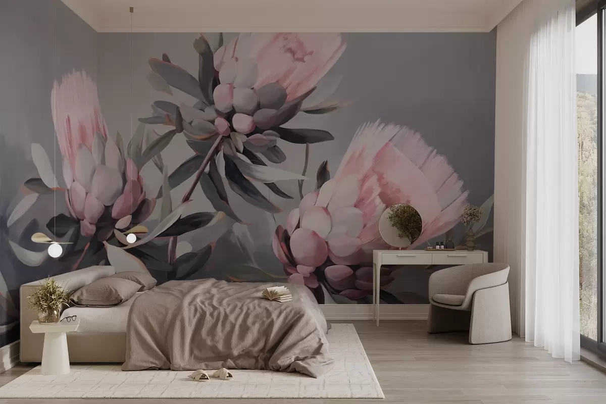 murais de parede Flores abstractas de protea cor-de-rosa com folhas cinzentas, pinceladas de textura suave, cores suaves, sobre um fundo cinzento esbatido w09014