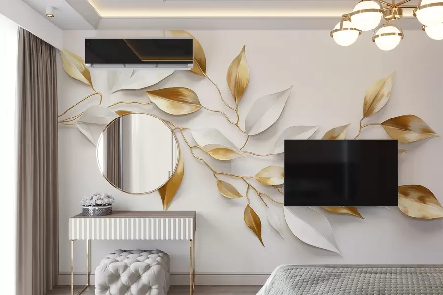 murais de parede Folhas amarelas e brancas num ramo, design elegante, fundo branco, estilo minimalista, arte decorativa, inspirado na natureza w09015