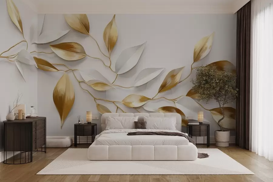murais de parede Folhas amarelas e brancas num ramo, design elegante, fundo branco, estilo minimalista, arte decorativa, inspirado na natureza w09015