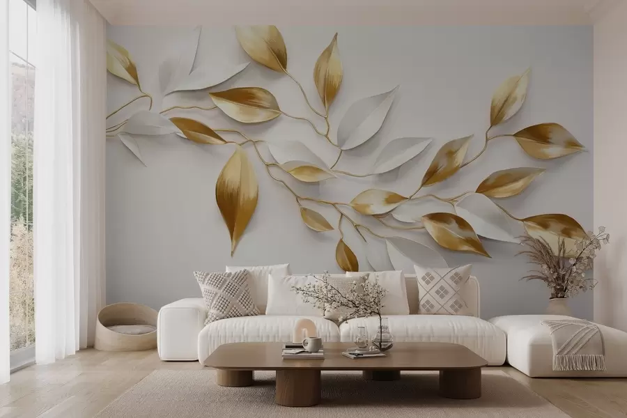murais de parede Folhas amarelas e brancas num ramo, design elegante, fundo branco, estilo minimalista, arte decorativa, inspirado na natureza w09015