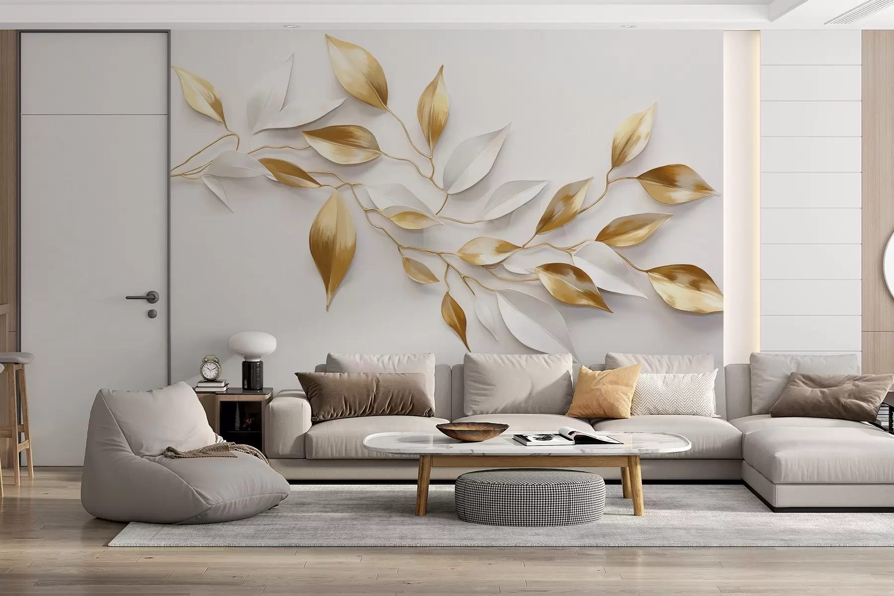 murais de parede Folhas amarelas e brancas num ramo, design elegante, fundo branco, estilo minimalista, arte decorativa, inspirado na natureza w09015