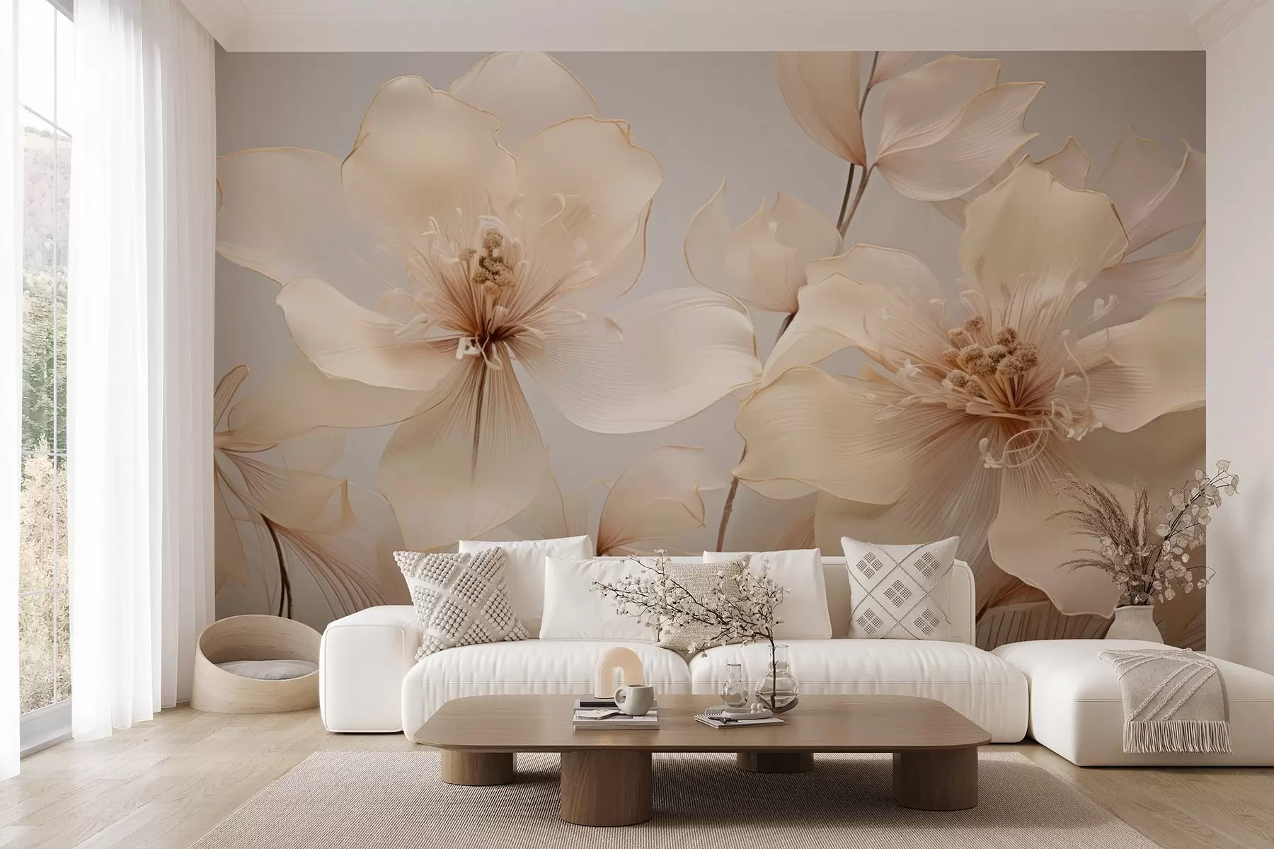 murais de parede Flores de ar bege em tons suaves w09016