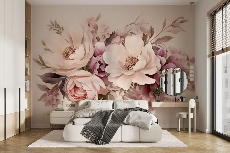 murais de parede Composição delicada de flores cor-de-rosa e bege, peónias com folhas w09019