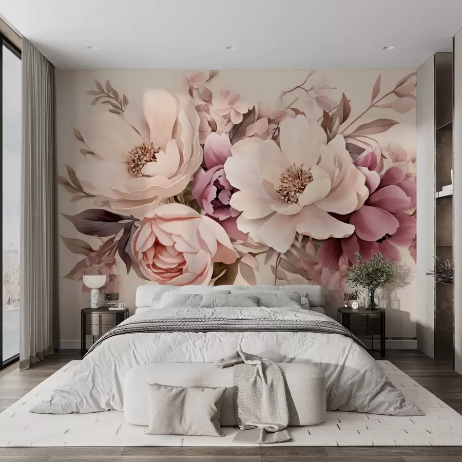 murais de parede Composição delicada de flores cor-de-rosa e bege, peónias com folhas w09019