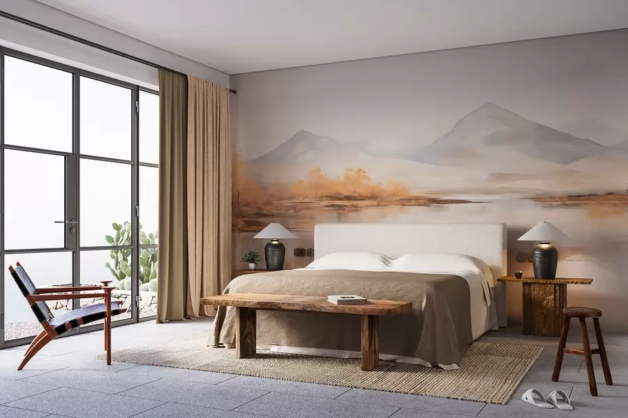 murais de parede Paisagem de outono com árvores amarelas e um rio num cenário de montanha w09020