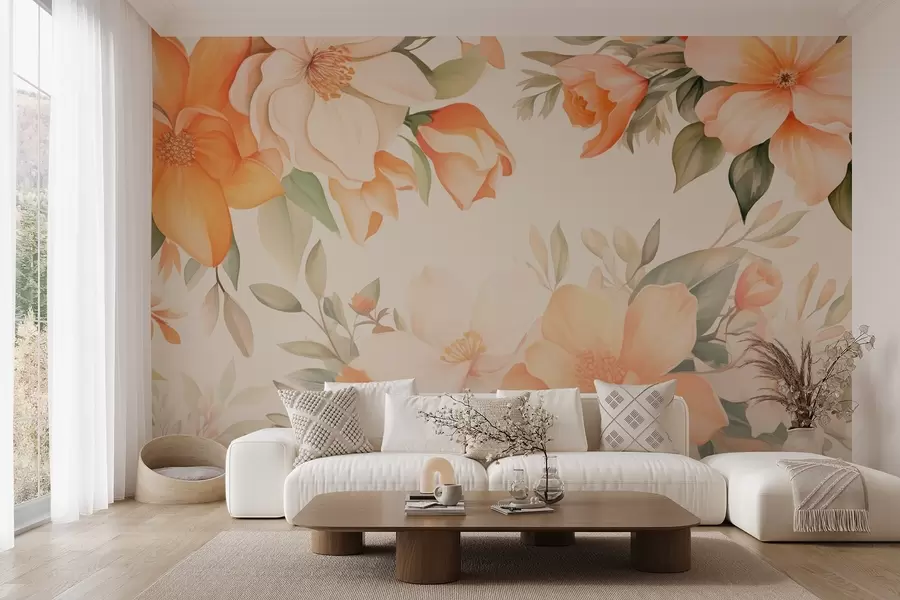 murais de parede Grandes flores cor de laranja em estilo aguarela w09023