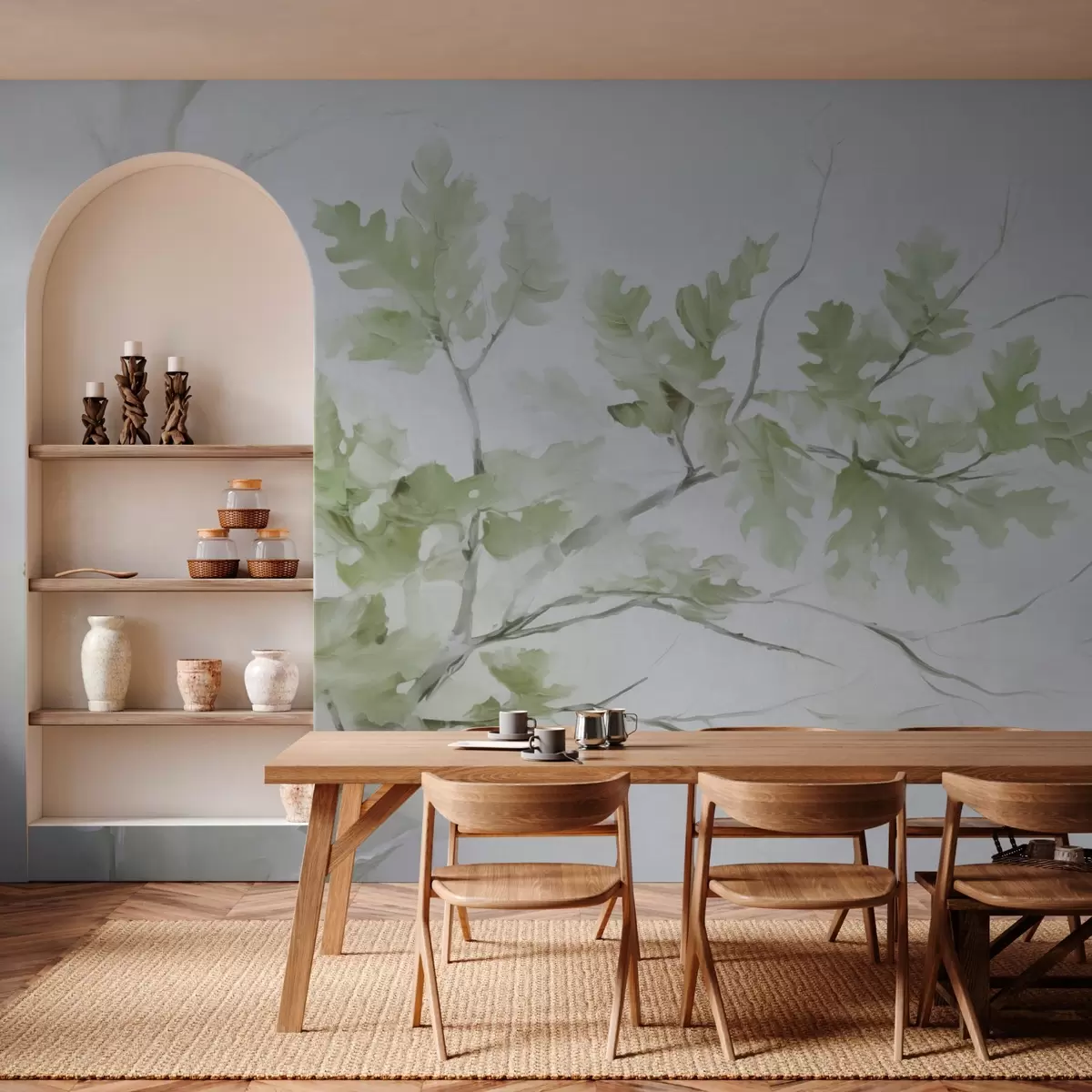 murais de parede Ramo de carvalho com folhas em tons de verde w03772v1