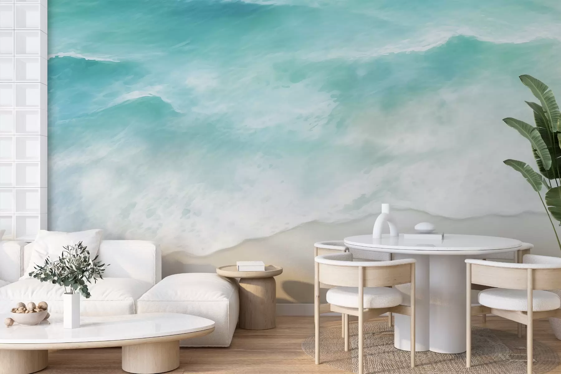 murais de parede Calmaria costeira,Ondas do mar, areia, costa, espuma, água w03787