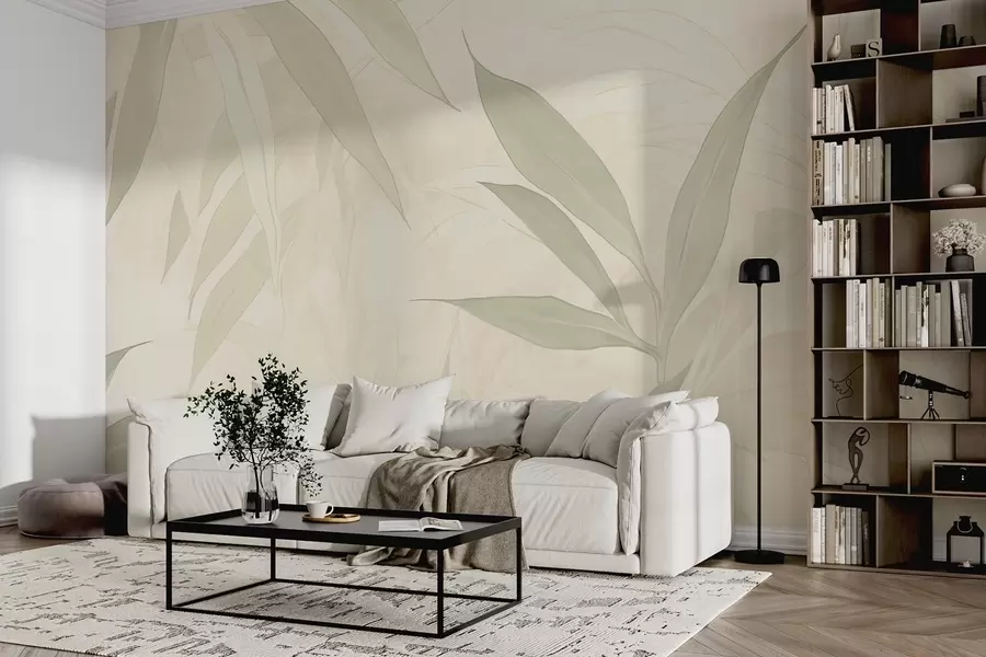 murais de parede Ramos com folhas em tons verdes suaves sobre um fundo bege w09027