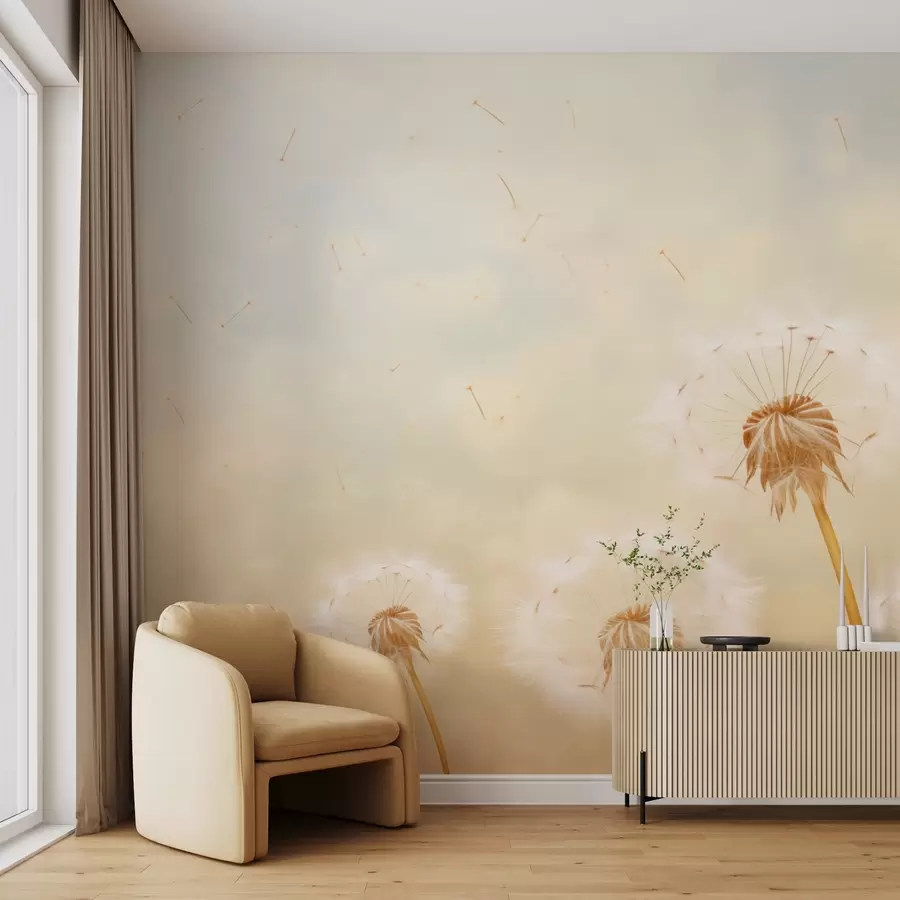 murais de parede Dentes-de-leão beges e arejados que sopram ao vento contra o céu w09028