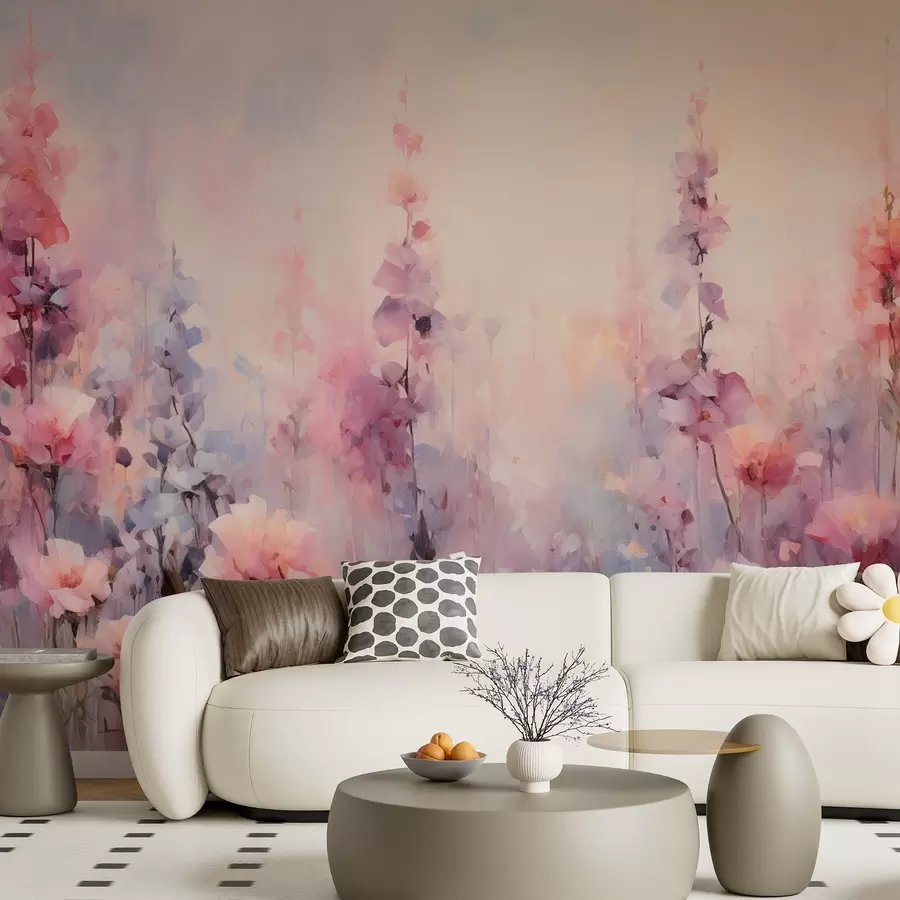 murais de parede Flores silvestres coloridas em estilo aguarela: lilases, papoilas, margaridas w09038