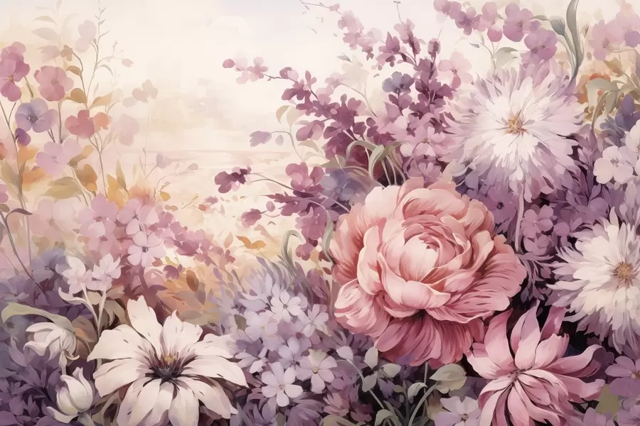 murais de parede Flores coloridas em tons de rosa e roxo: lilases, peónias, crisântemos w09039