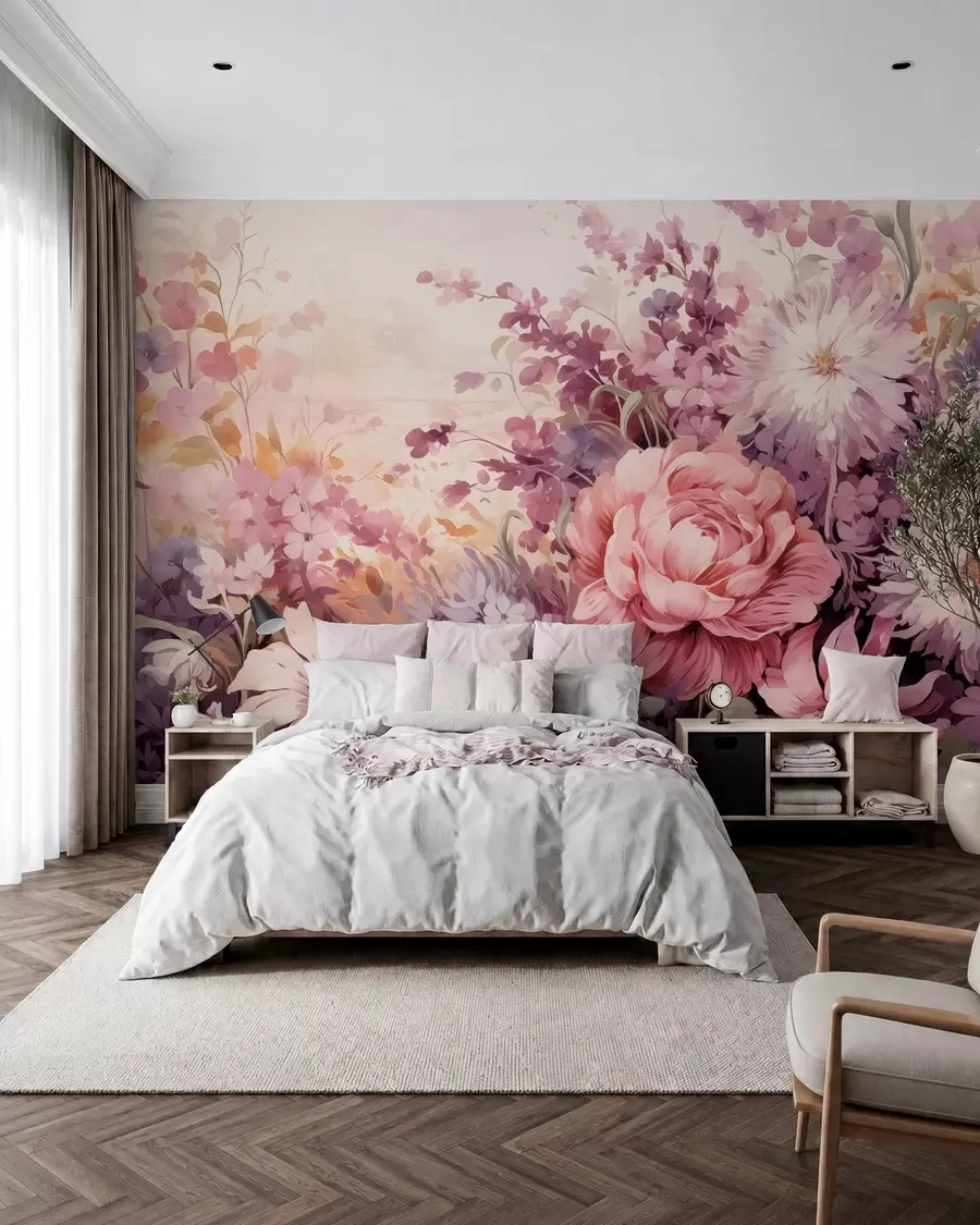 murais de parede Flores coloridas em tons de rosa e roxo: lilases, peónias, crisântemos w09039